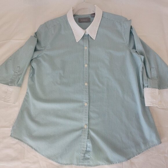 Teal Blue & White Pin Stripe Blouse XL Liz Claiborne - Picture 6 of 16